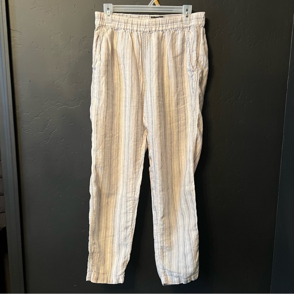Tahari 100% Linen Elastic Waist Pants Size: S color: White/ black stripes